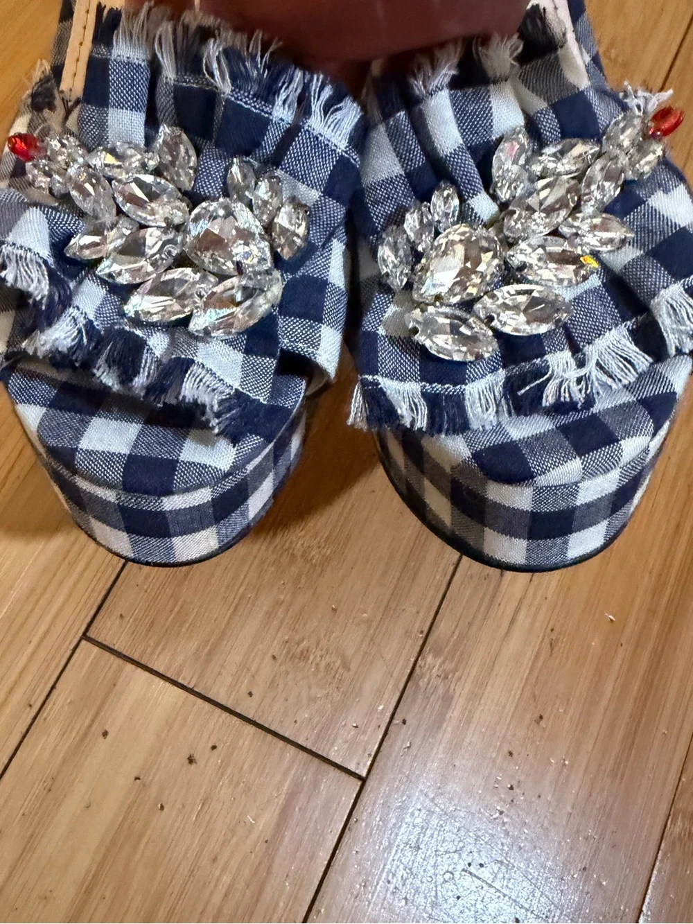 NWOT Zara Vichy Navy White Gingham Bejeweled Platform Heels Size 38 / 7.5